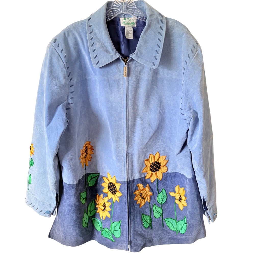 Quacker Factory Vintage Blue Suede Leather Embroidered Sunflower Jacket 2X